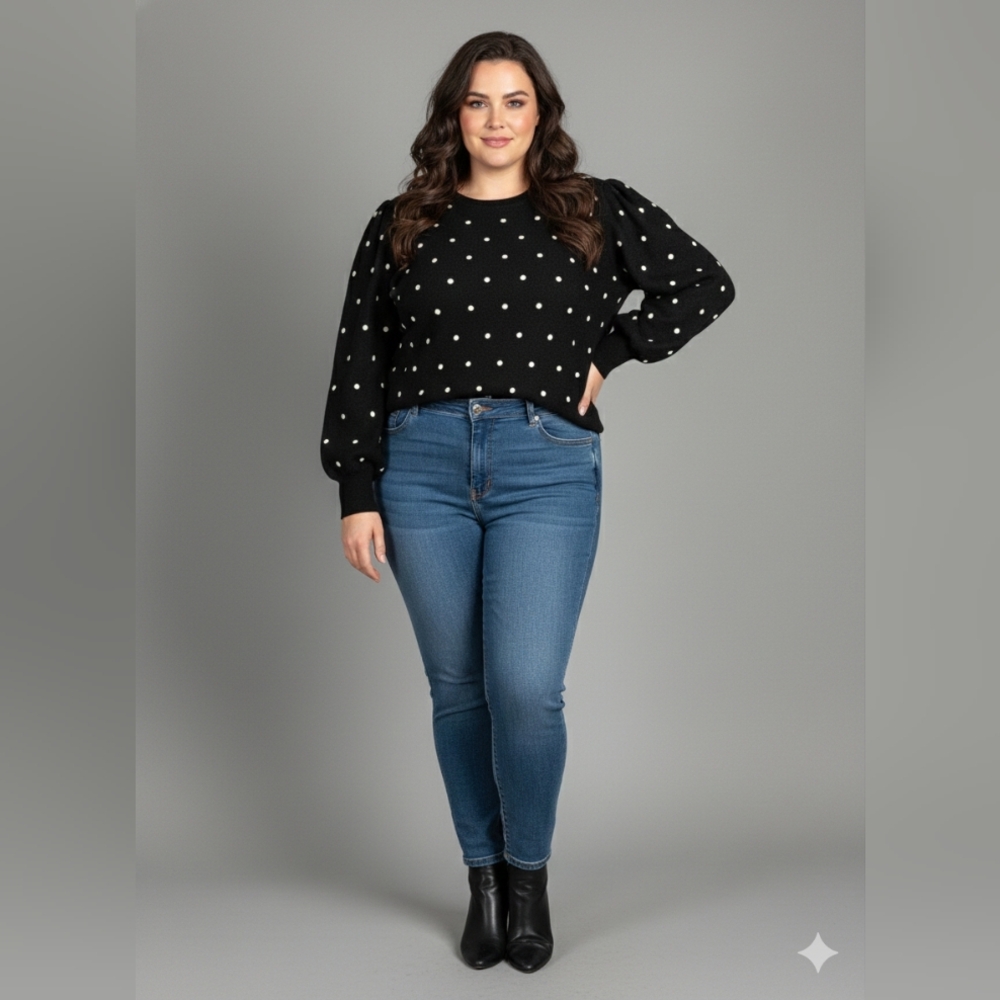 Adrianna Papell Black‎ and White Polka Dot Sweater New 3X Balloon Sleeves